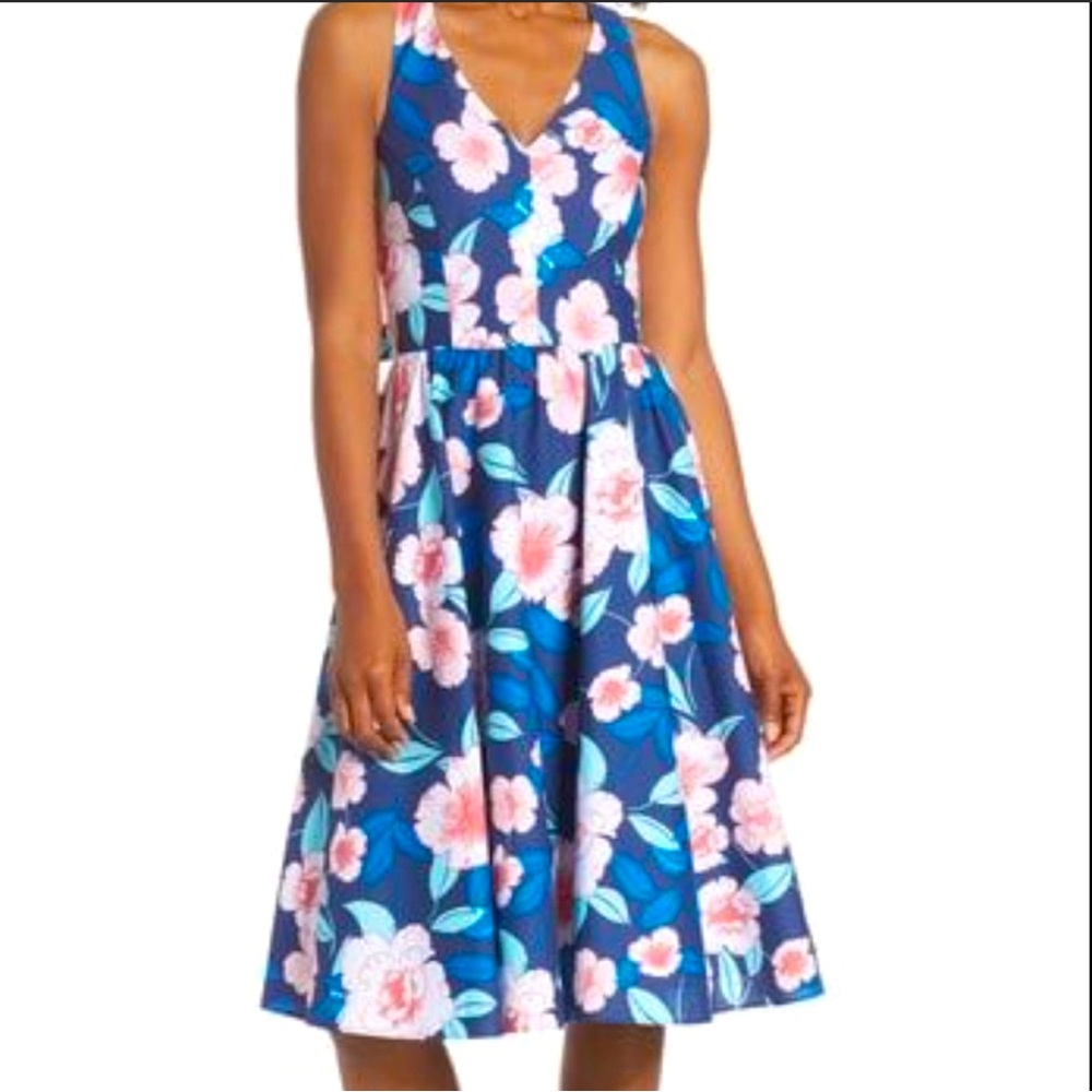 Eliza J Fit & Flare Floral V Neck Cotton MIDI Open Back Dress Women’s Size 8